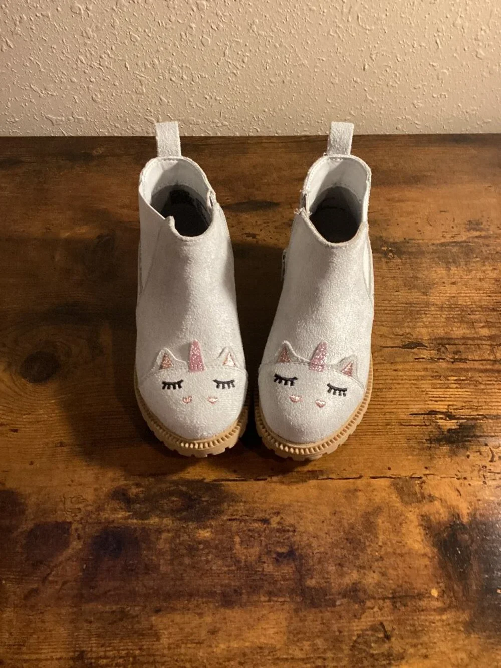 Girls White Unicorn Ankle Boots Pink Glitter Horn Side Zip